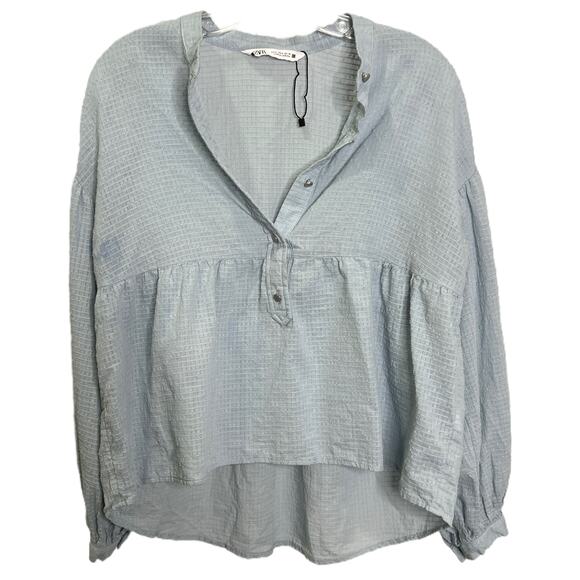 ZARA Women's Blouse Light Blue Button Up Neckline Balloon Sleeve Cotton Size S - Picture 1 of 10